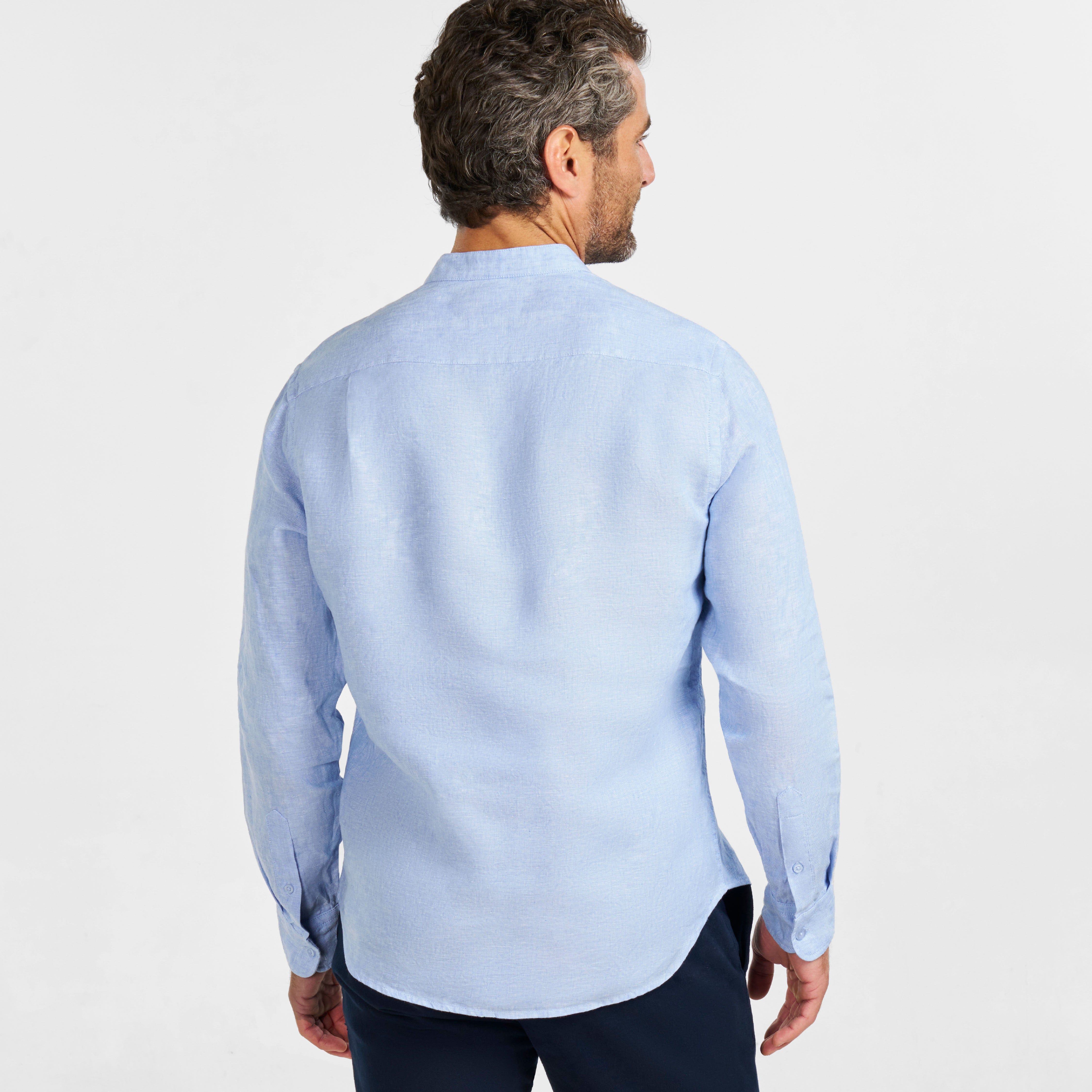 Blue Linen Band Collar Shirt