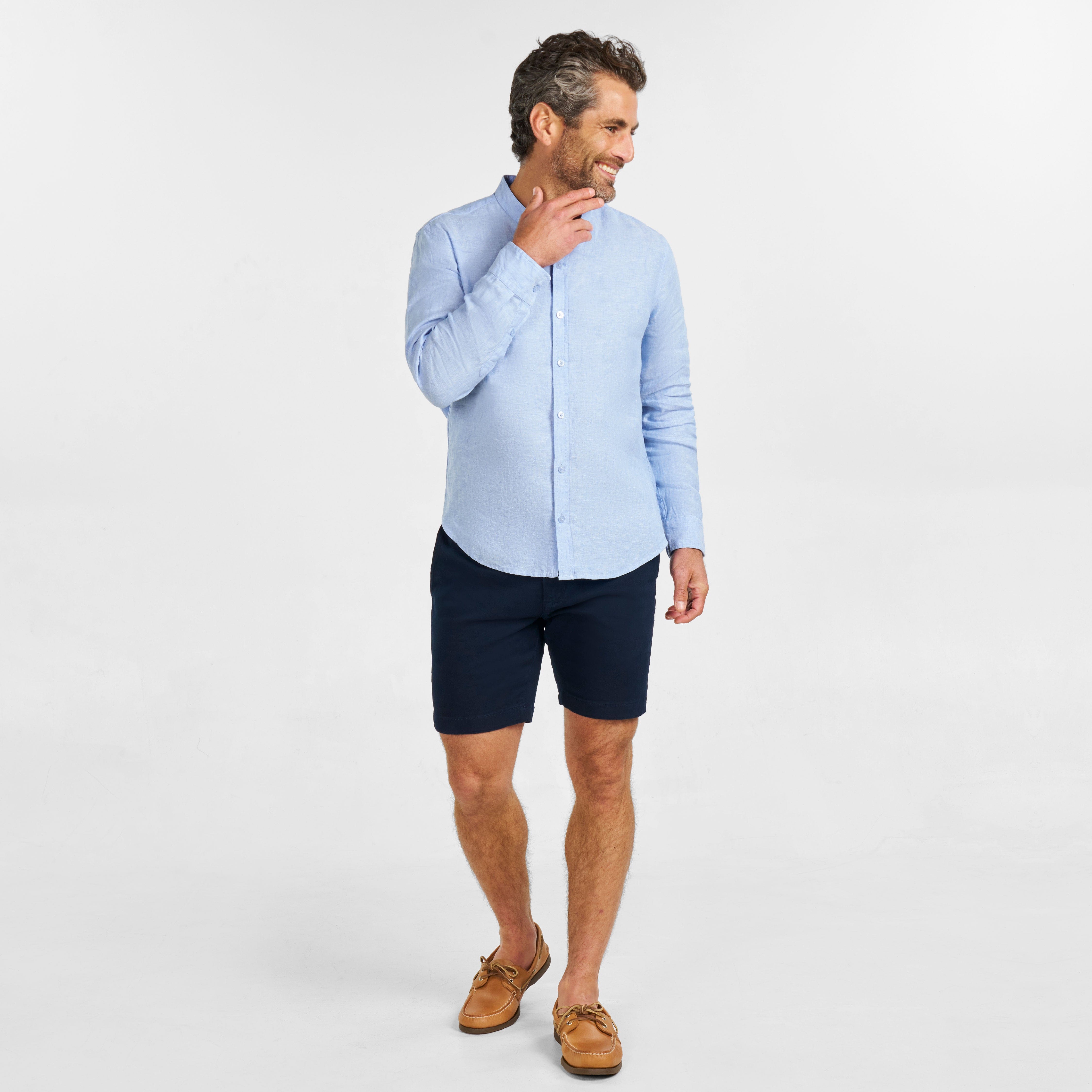 Blue Linen Band Collar Shirt