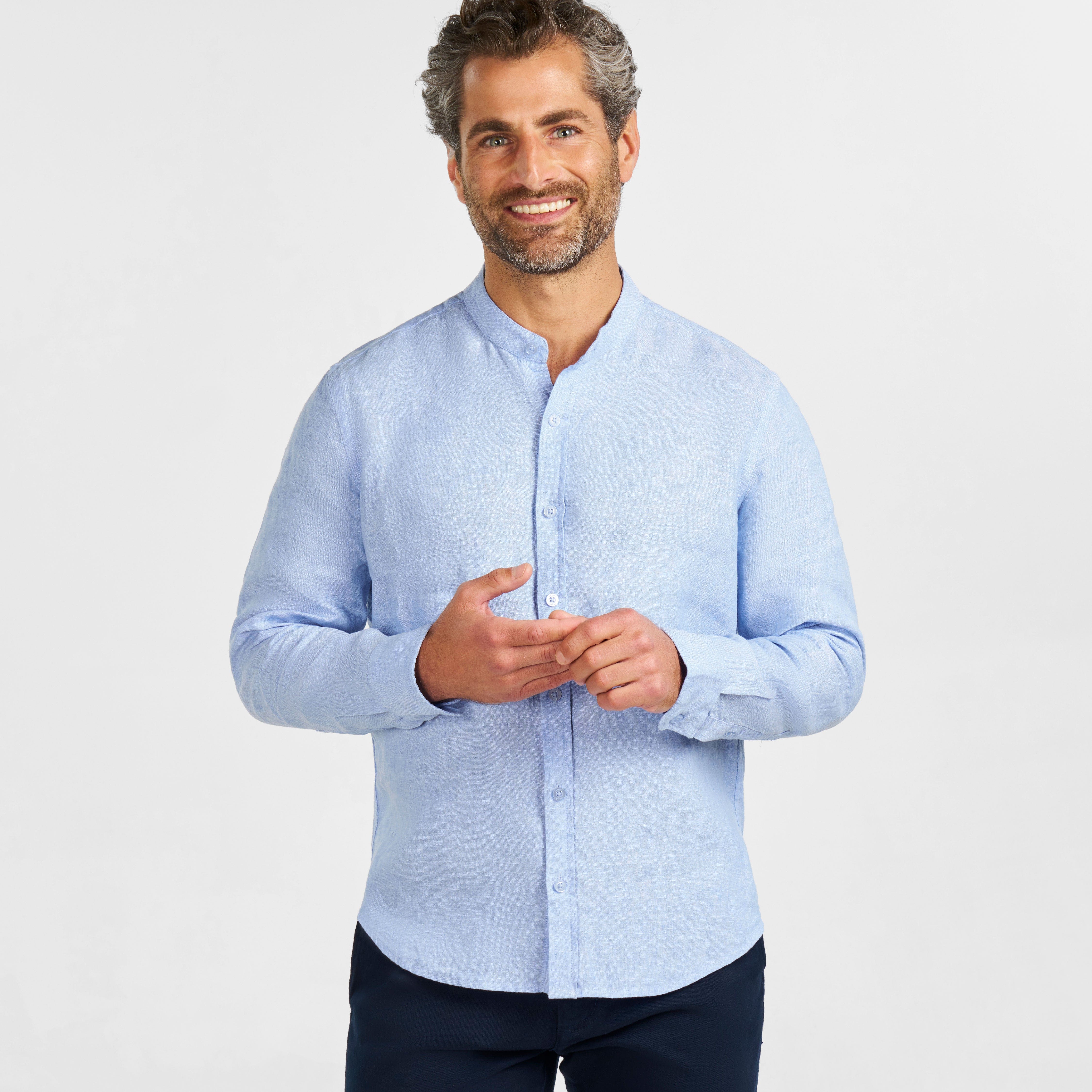 Blue Linen Band Collar Shirt