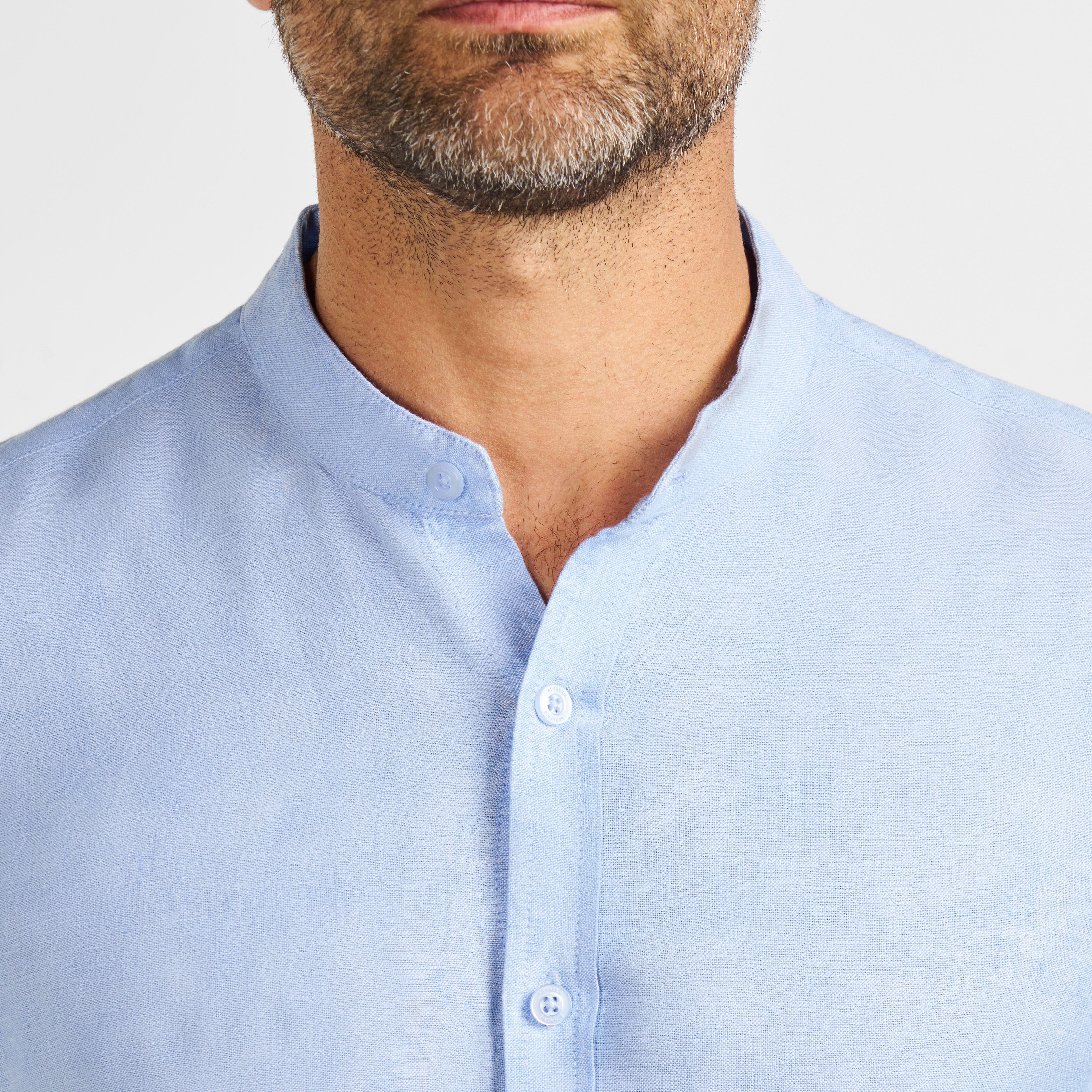 Blue Linen Band Collar Shirt