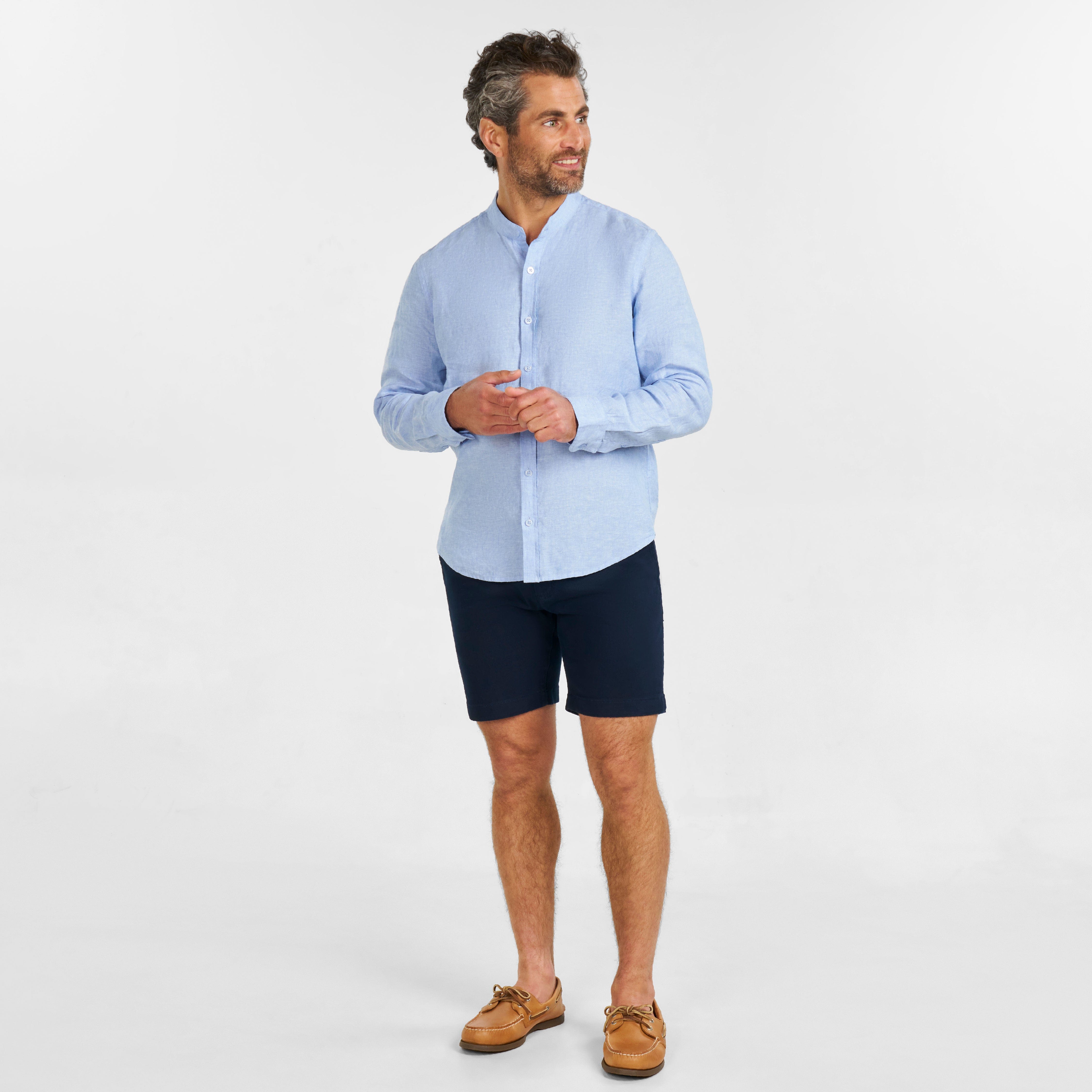 Blue Linen Band Collar Shirt
